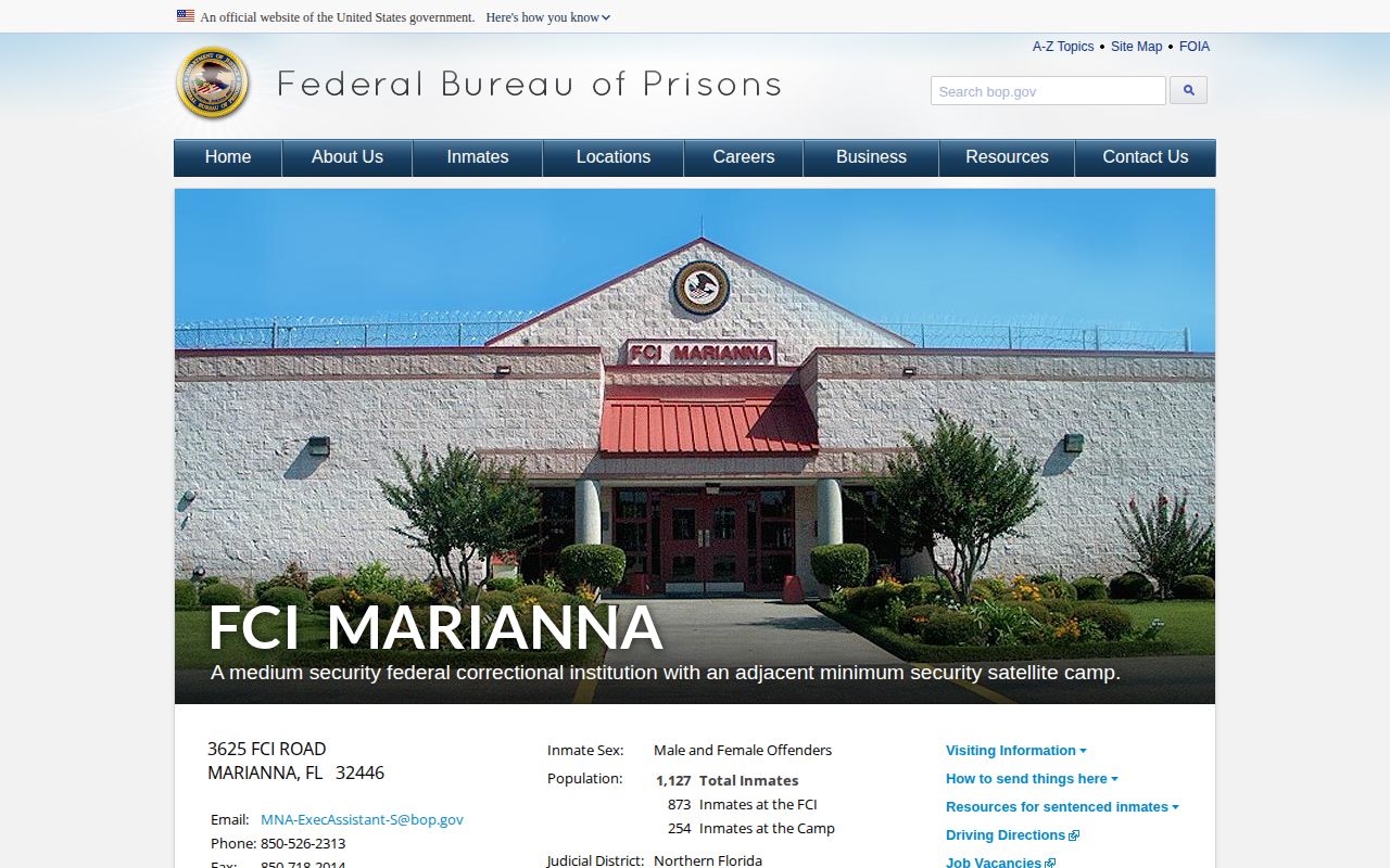 FCI Marianna and satellite prison camp federal release contact