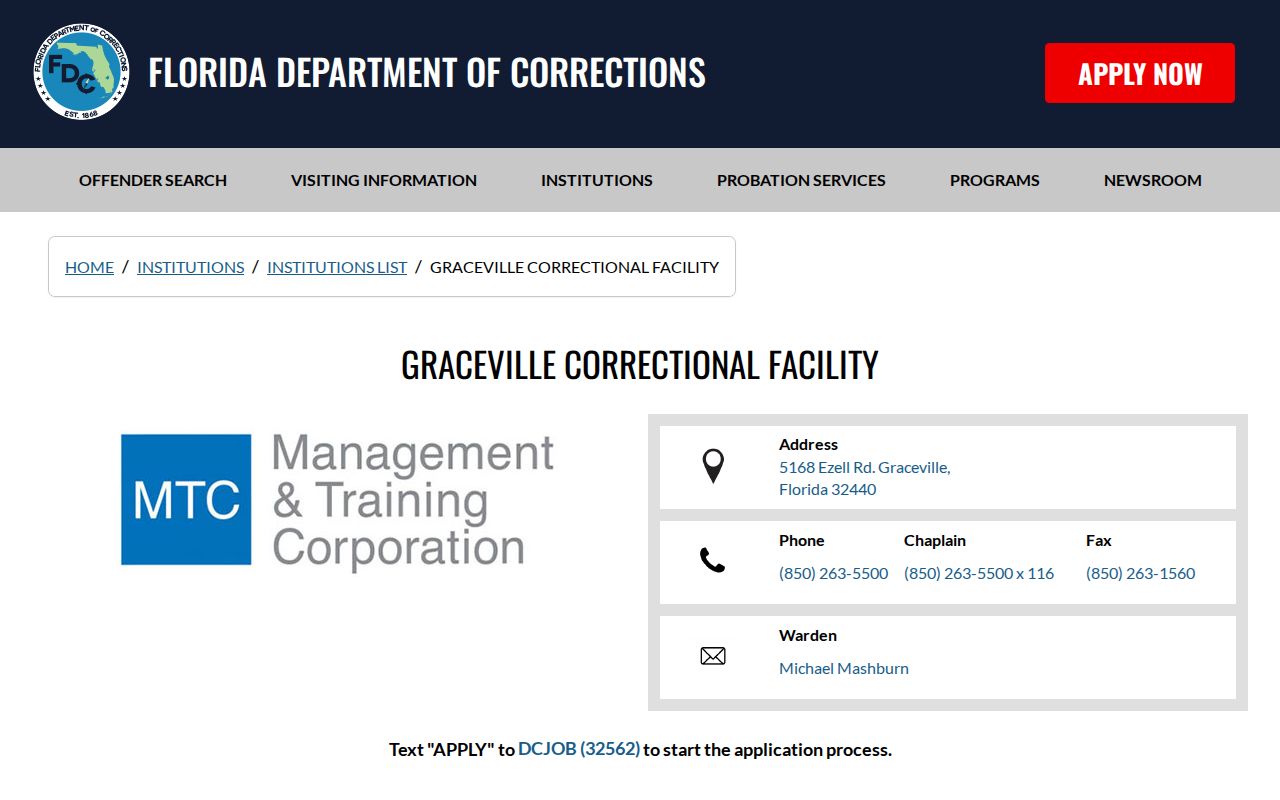 Graceville Correctional Facility Florida state-prison release source in Jackson County