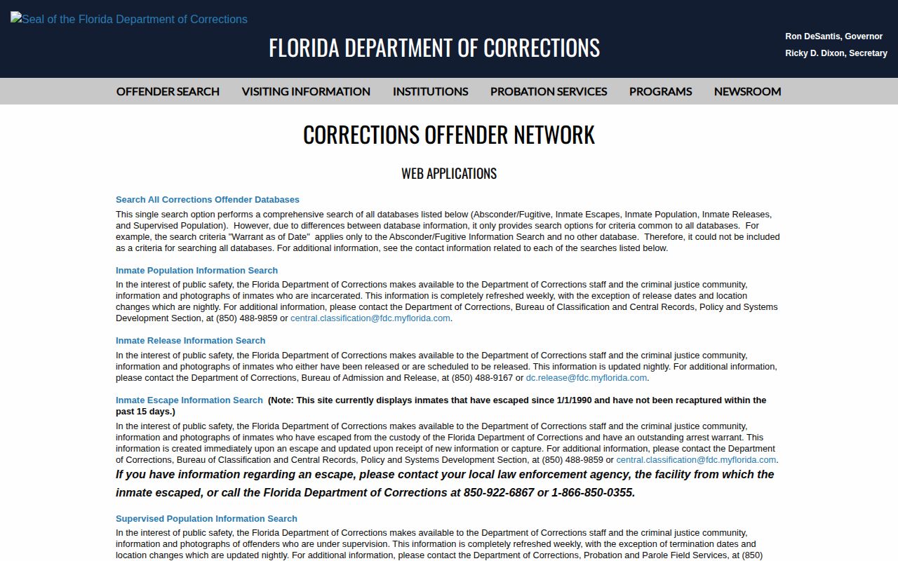 Jackson County released inmate Florida corrections search menu