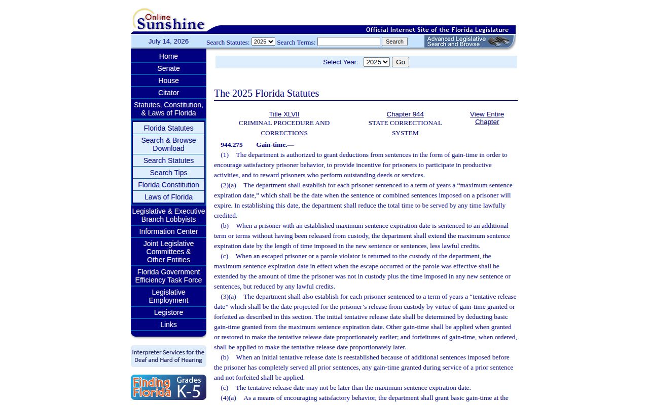 Florida gain-time law for Jackson County projected release dates