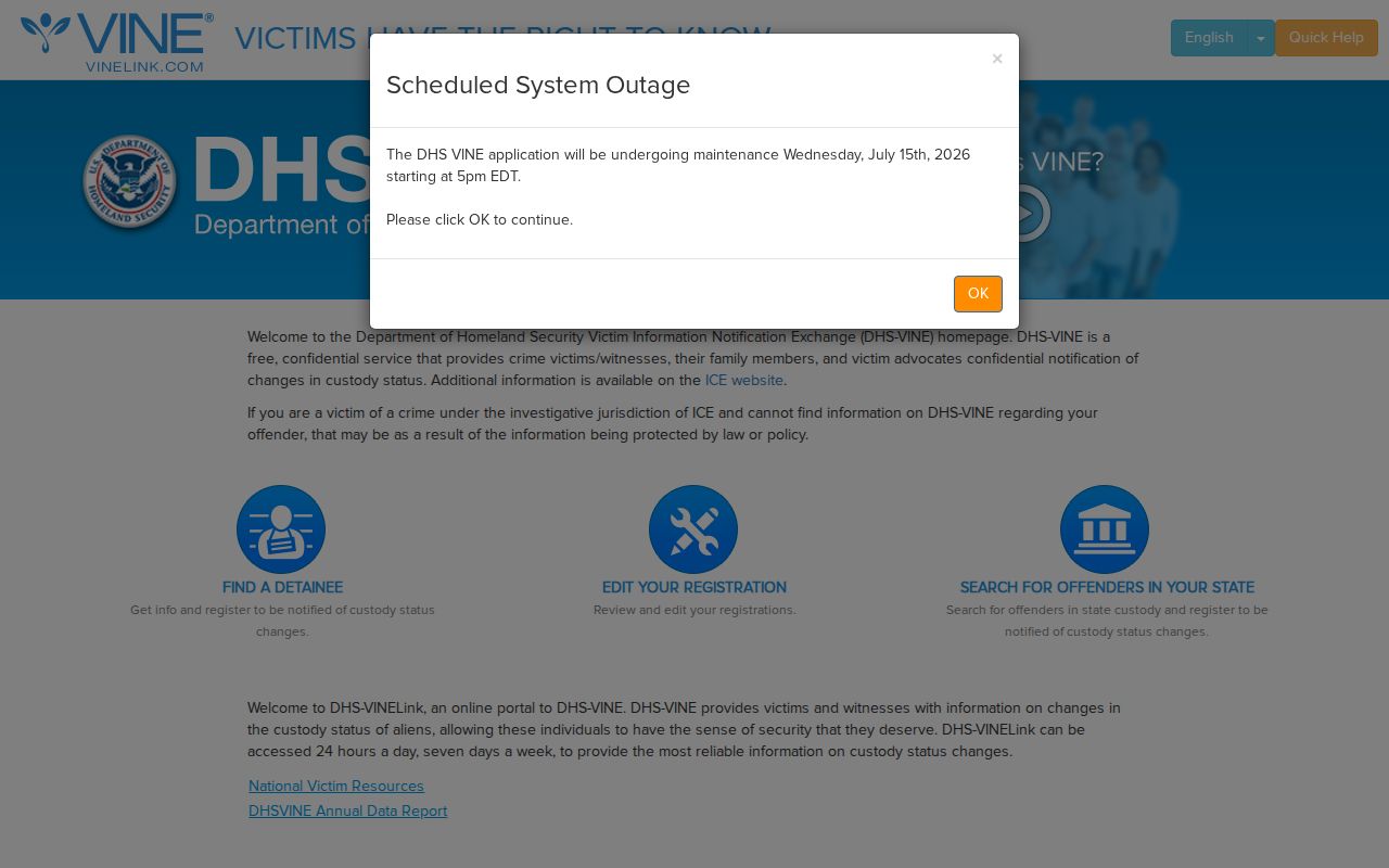 Florida-selected VINELink inmate search screen
